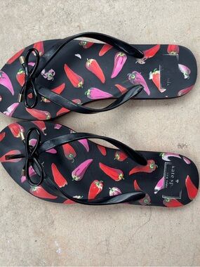 kate spade Black Flip Flops with Red & Pink Chili Pepper Print and Bow